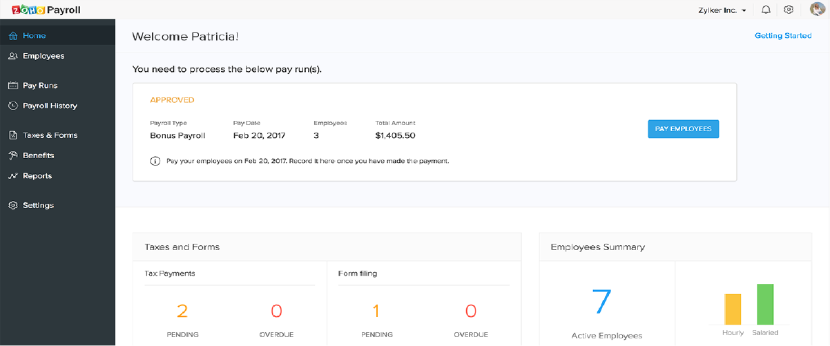 zoho payroll dashboard